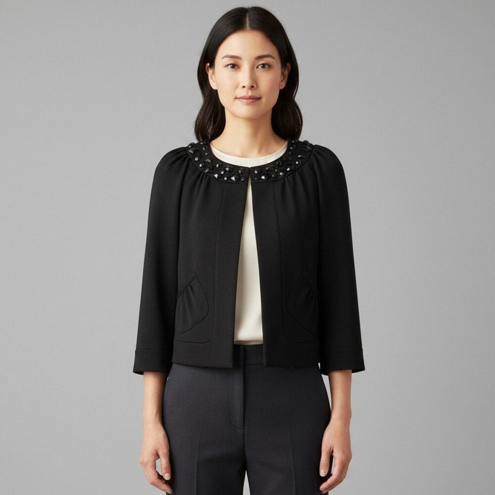 Women's FOCUS Lifestyle Black Blazer Jeweled Neckline and Pockets Size 8
